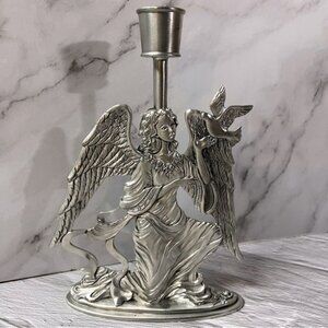 Vintage Seagull Canada Pewter Angel And Dove Tapered Candleholder 1997